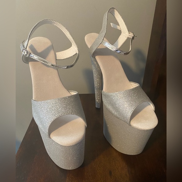 Glitter Pole Dancer Sandals Platform High Heels size 10 Silver Roimaash - Picture 1 of 8